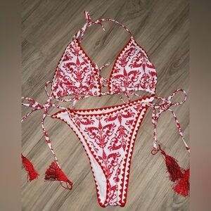 Red and White Printed Tie-Side Bikini Set